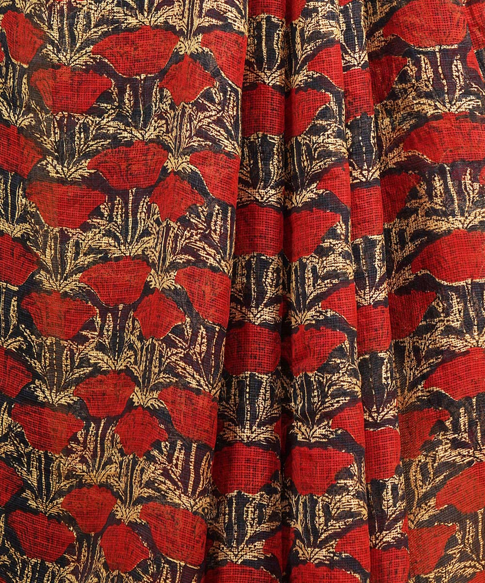 Red silk handblock dabu print sari
