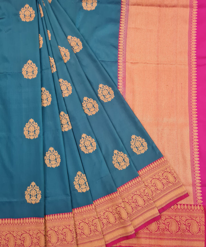 Cyan blue pink handwoven banarasi silk saree