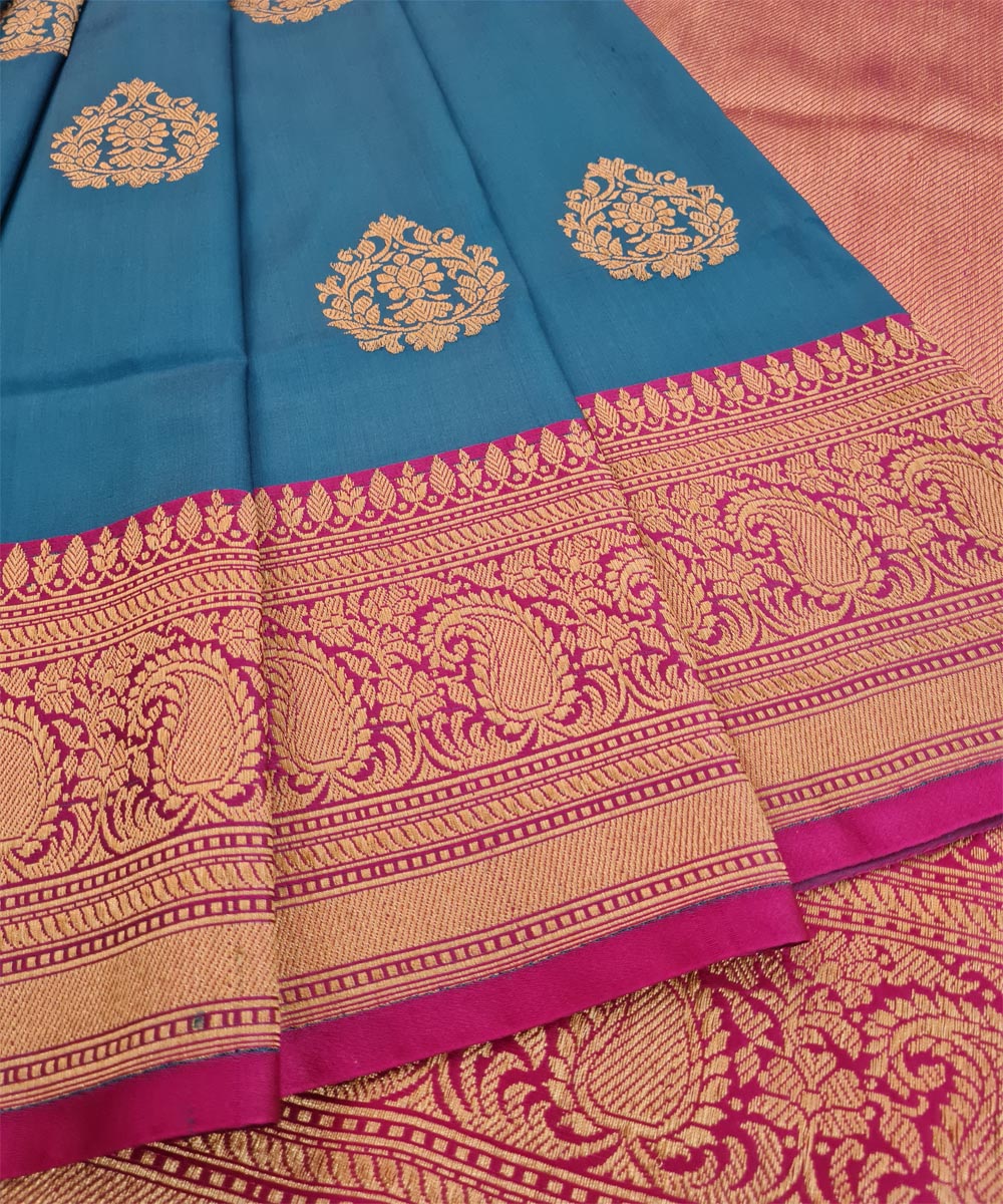 Cyan blue pink handwoven banarasi silk saree
