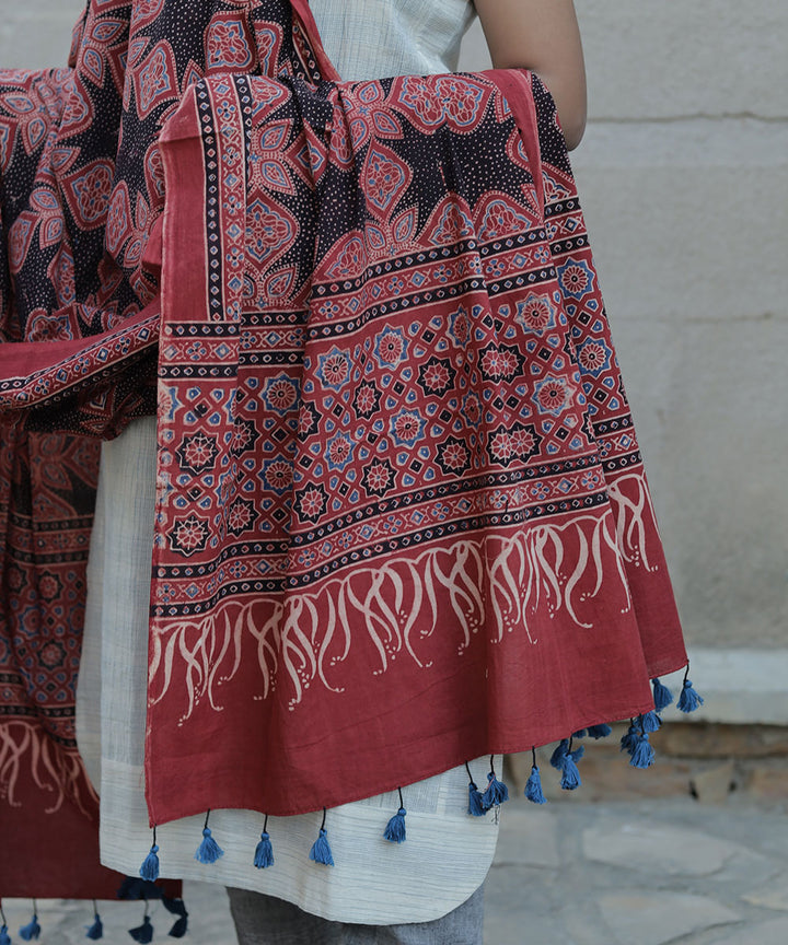 Red handblock print cotton ajrakh dupatta