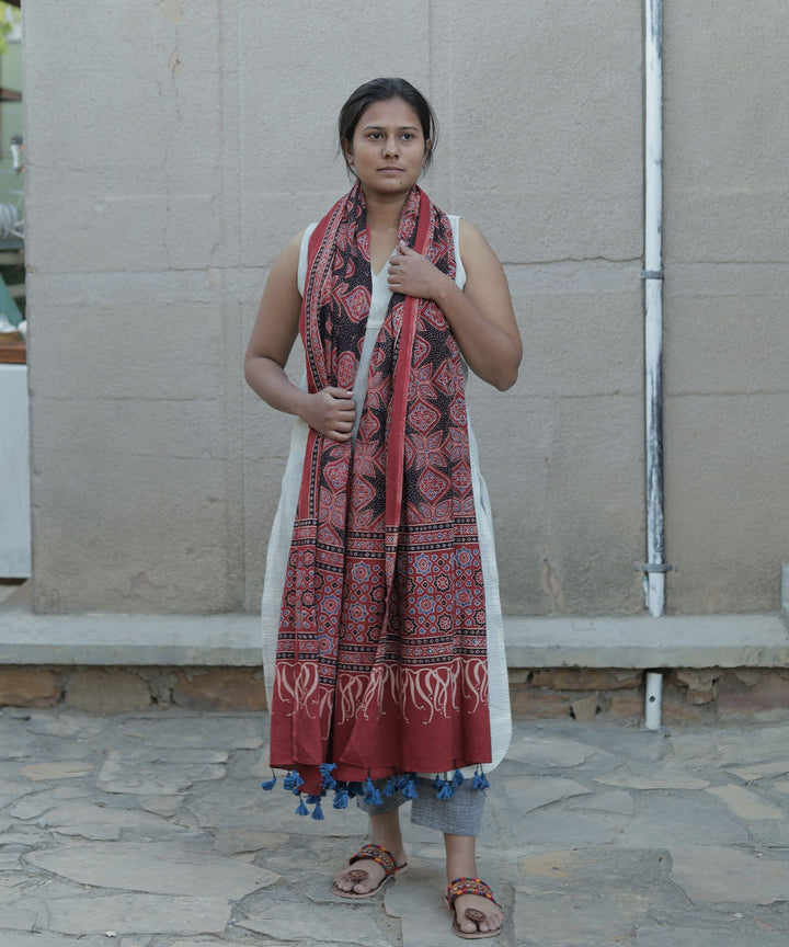 Red handblock print cotton ajrakh dupatta