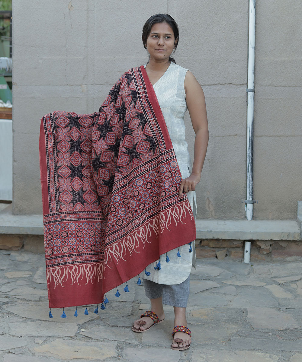Red handblock print cotton ajrakh dupatta