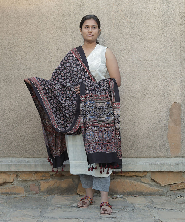 Black handblock print cotton ajrakh dupatta