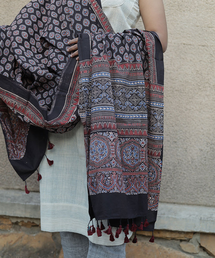 Black handblock print cotton ajrakh dupatta