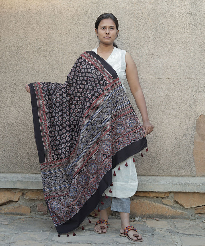 Black handblock print cotton ajrakh dupatta