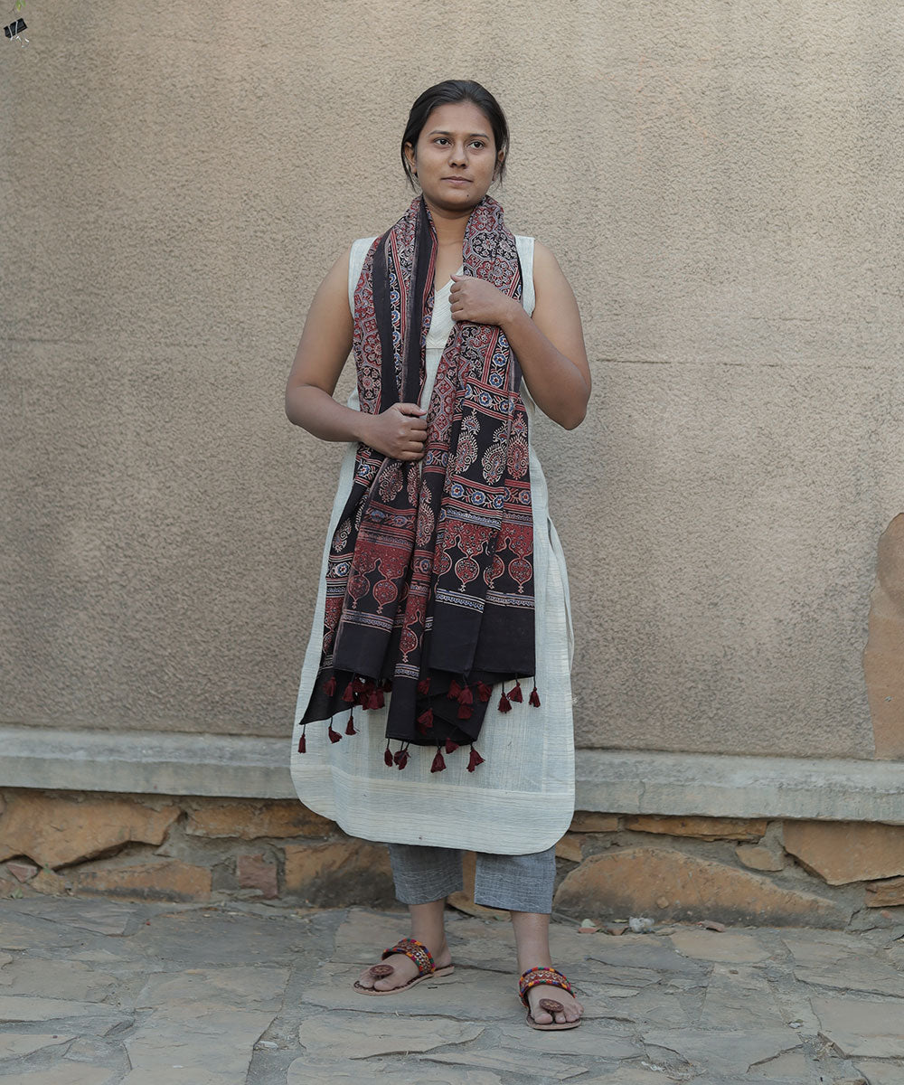 Black hand block print cotton ajrakh dupatta