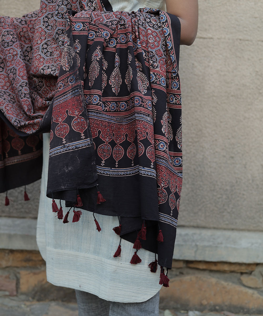 Black hand block print cotton ajrakh dupatta