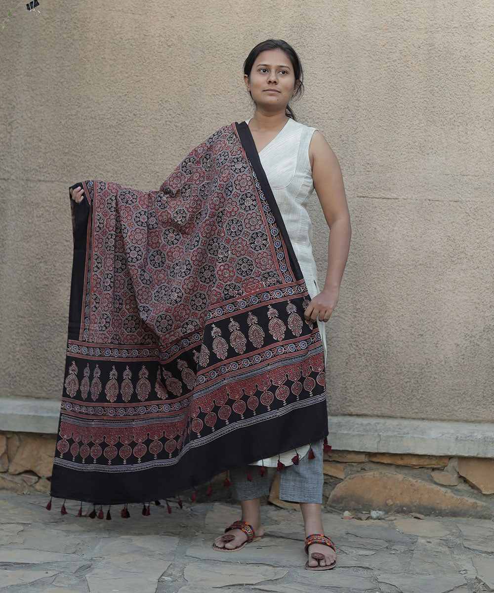 Black hand block print cotton ajrakh dupatta