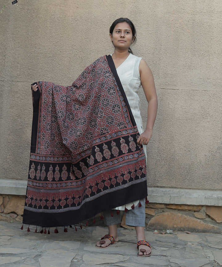 Black hand block print cotton ajrakh dupatta