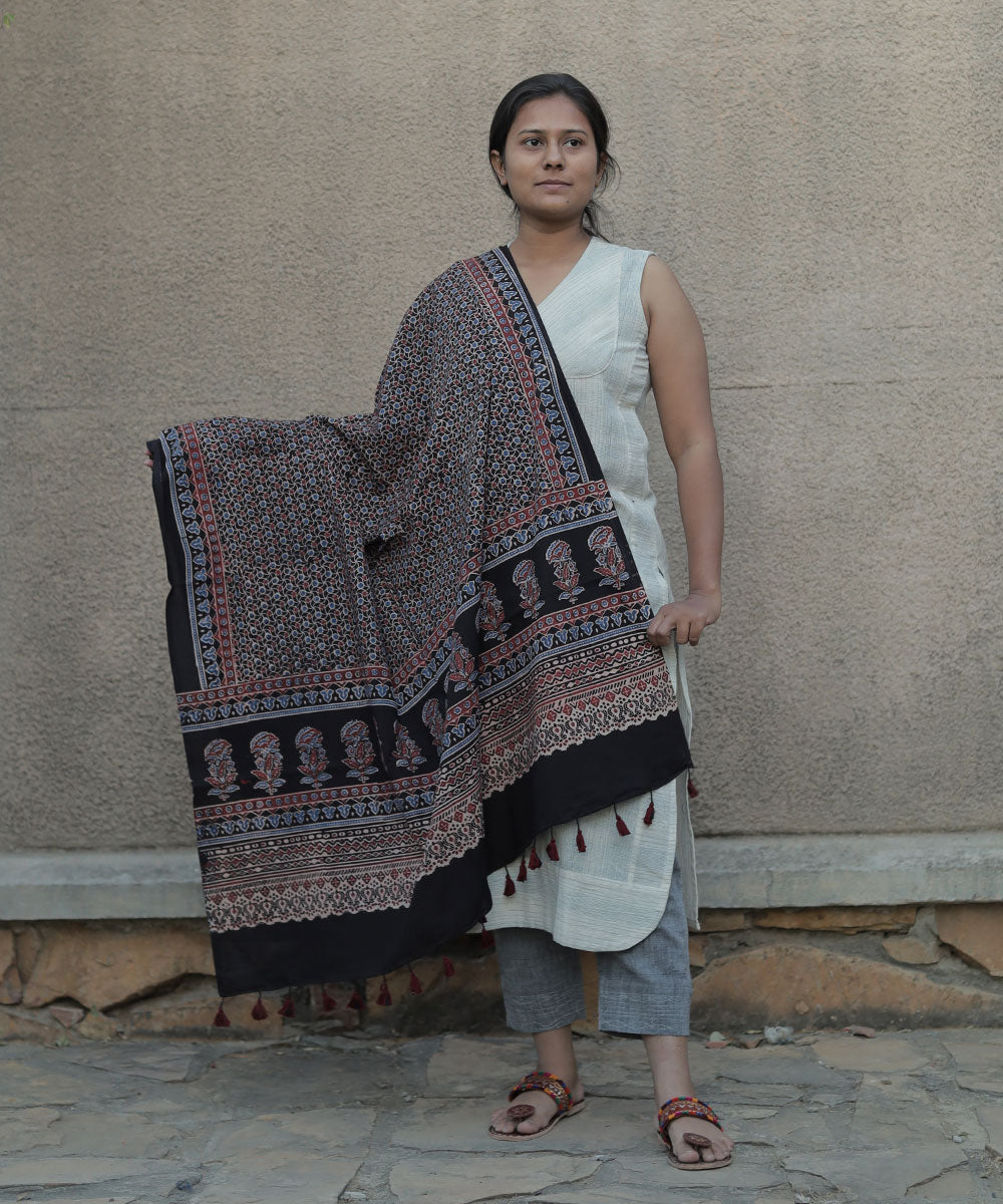 Black handblock printed cotton ajrakh dupatta