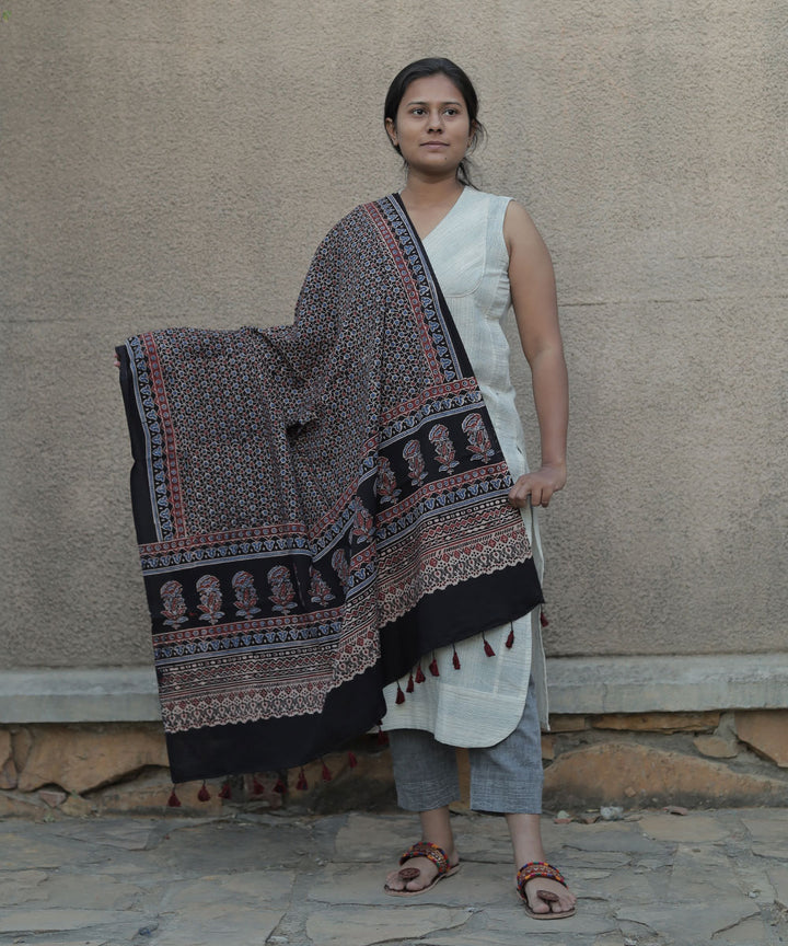 Black handblock printed cotton ajrakh dupatta