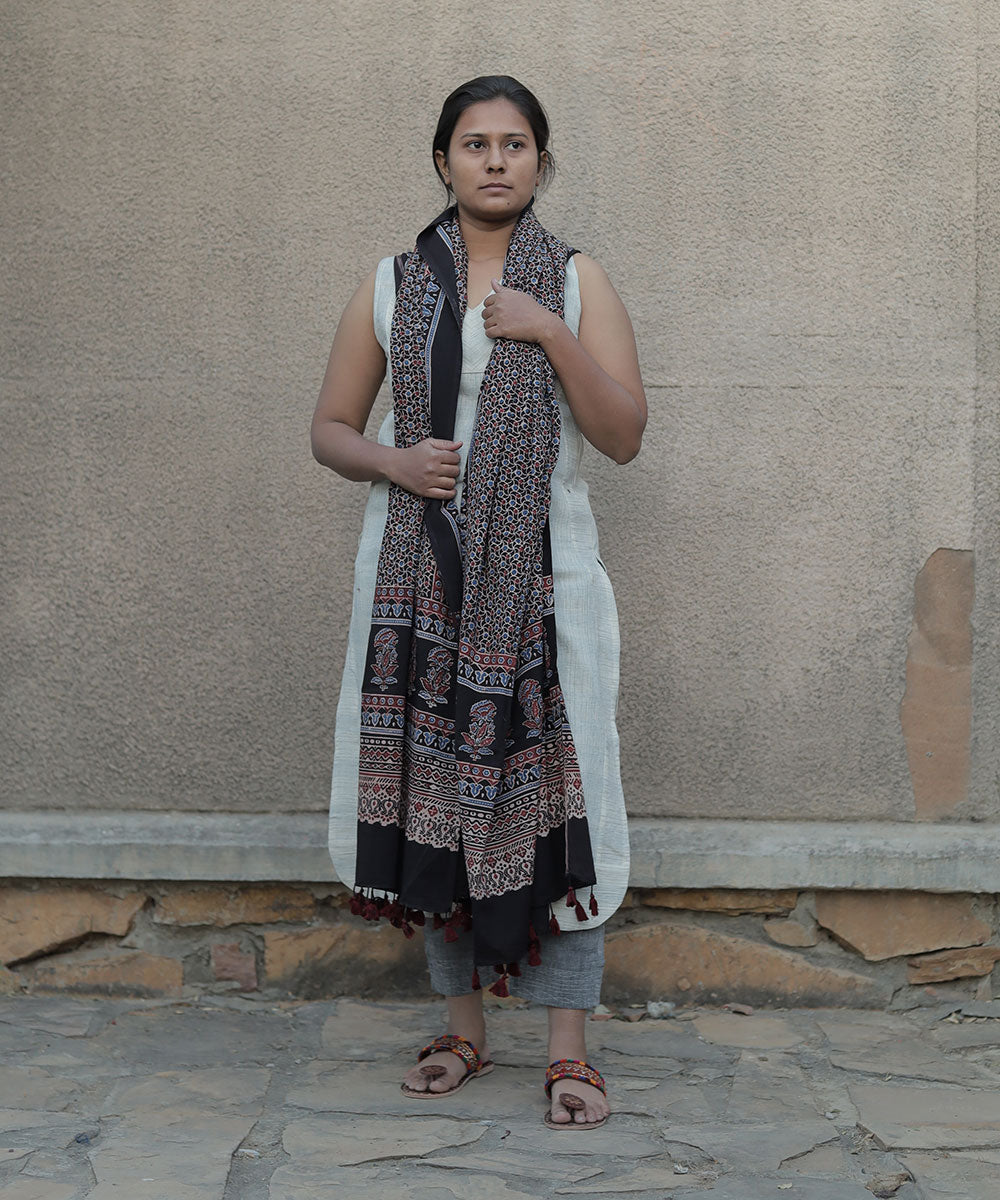 Black handblock printed cotton ajrakh dupatta