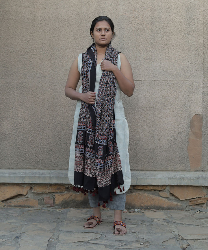 Black handblock printed cotton ajrakh dupatta