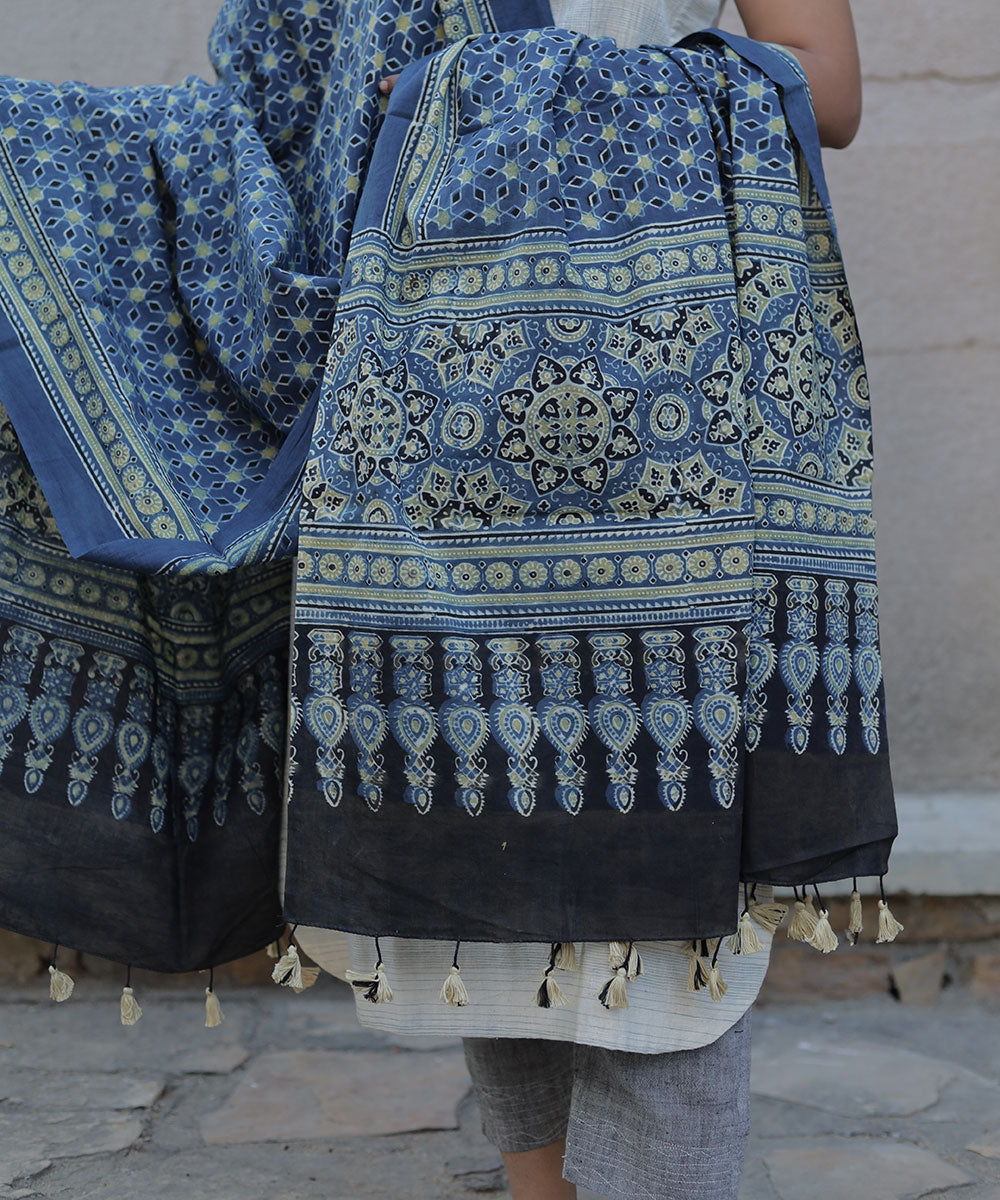 Indigo handblock printed cotton ajrakh dupatta