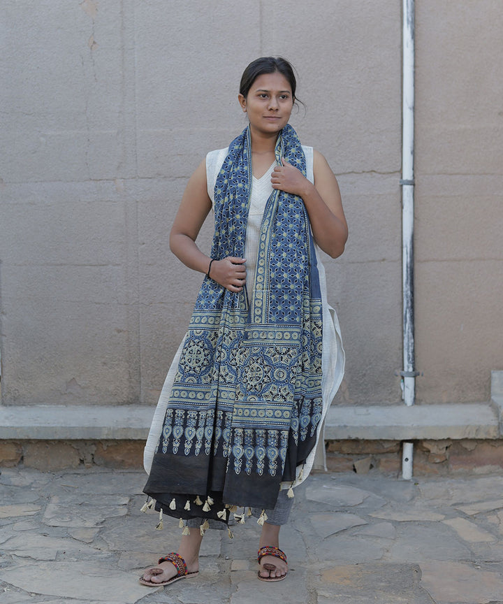 Indigo handblock printed cotton ajrakh dupatta