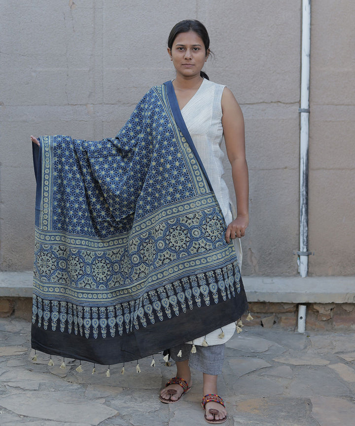 Indigo handblock printed cotton ajrakh dupatta