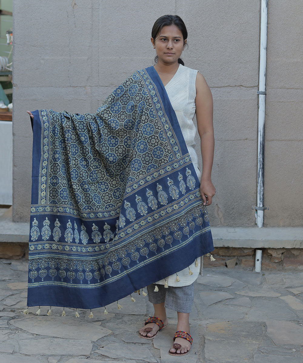 Indigo hand block printed cotton ajrakh dupatta