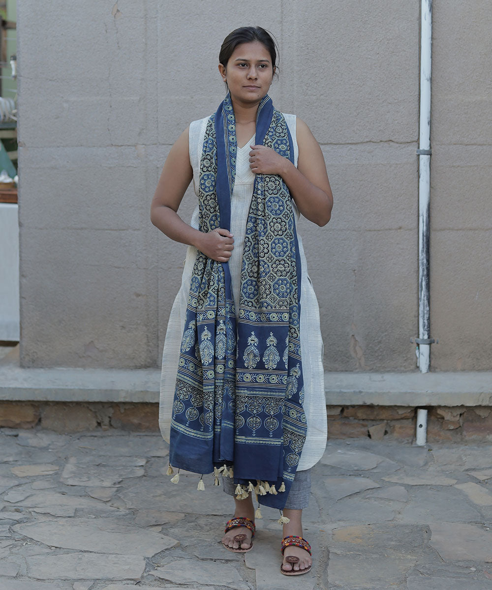 Indigo hand block printed cotton ajrakh dupatta