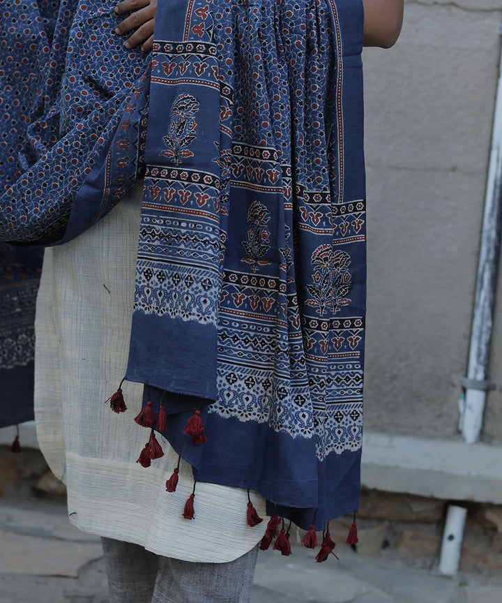 Indigo handblock print cotton ajrak dupatta