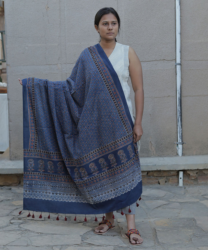 Indigo handblock print cotton ajrak dupatta