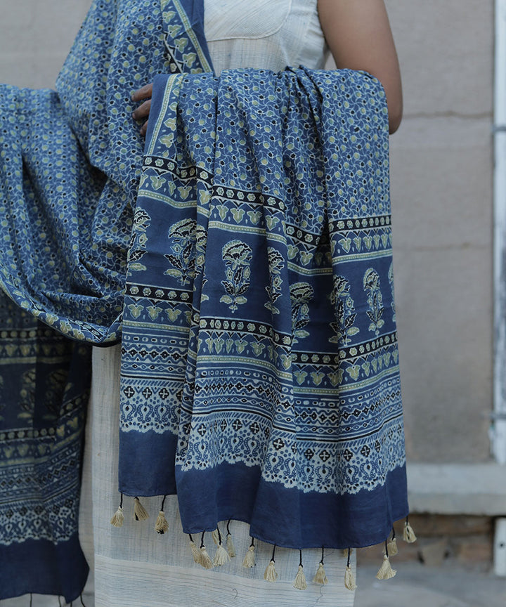 Indigo hand block print cotton ajrak dupatta
