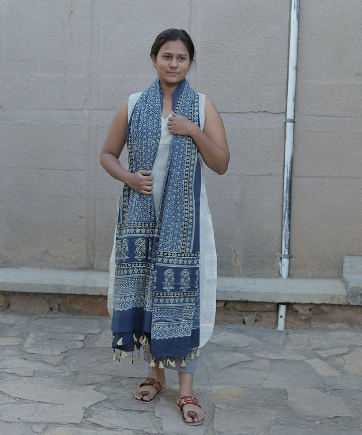 Indigo hand block print cotton ajrak dupatta