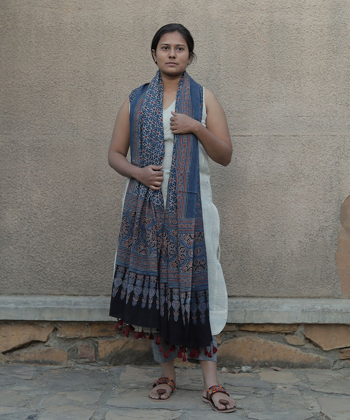 Indigo hand block printed cotton ajrak dupatta