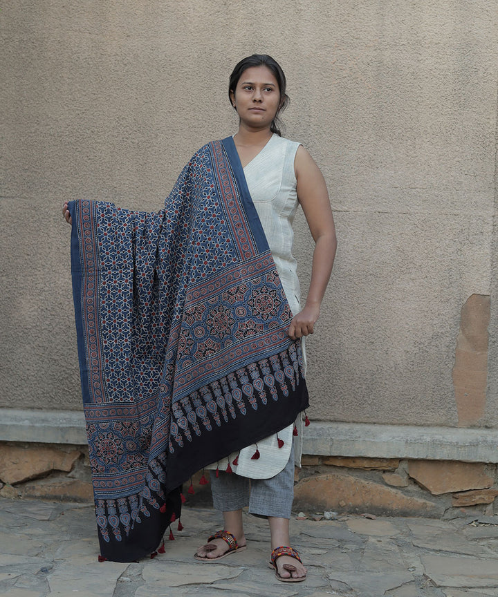 Indigo hand block printed cotton ajrak dupatta