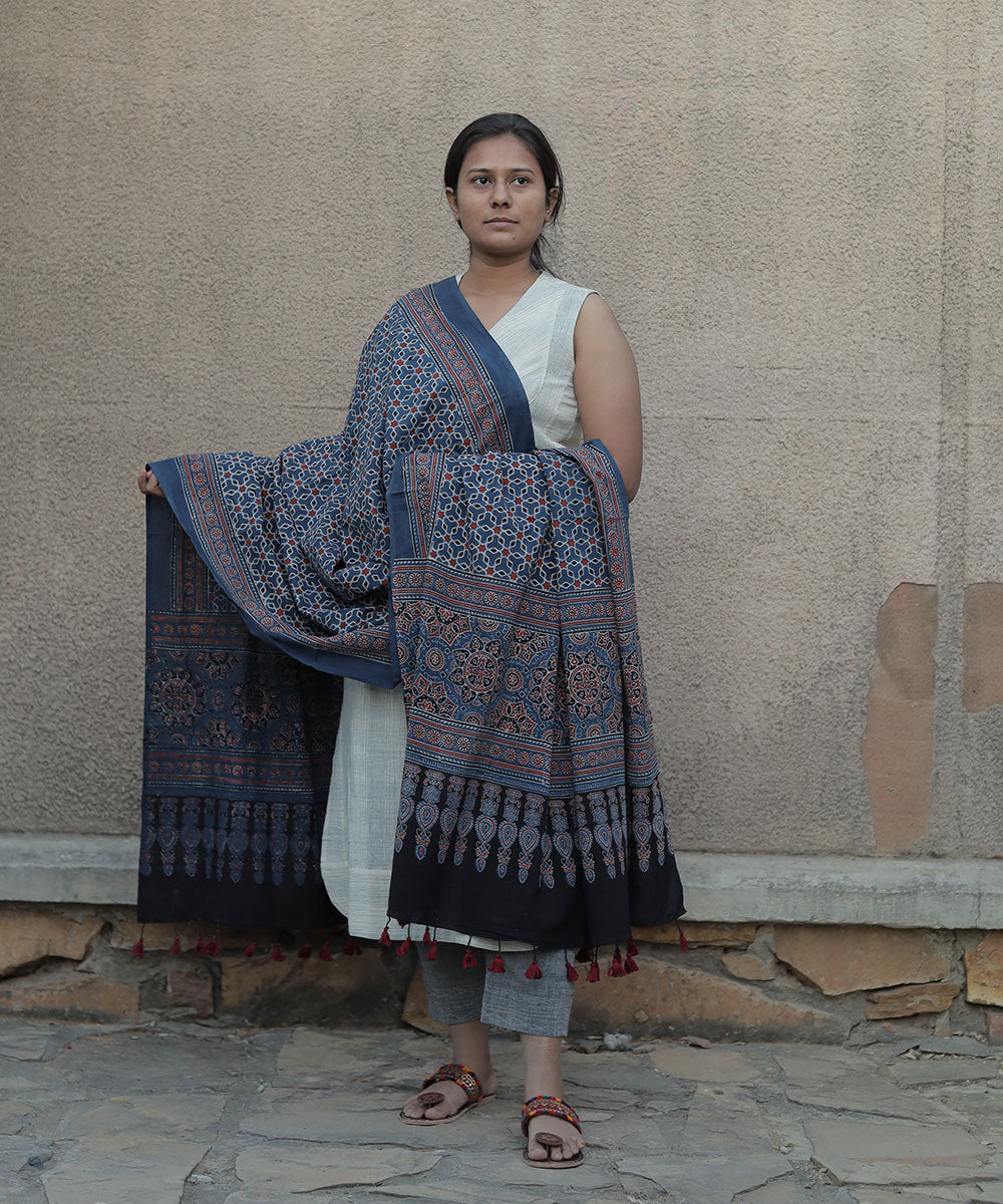 Indigo hand block printed cotton ajrak dupatta
