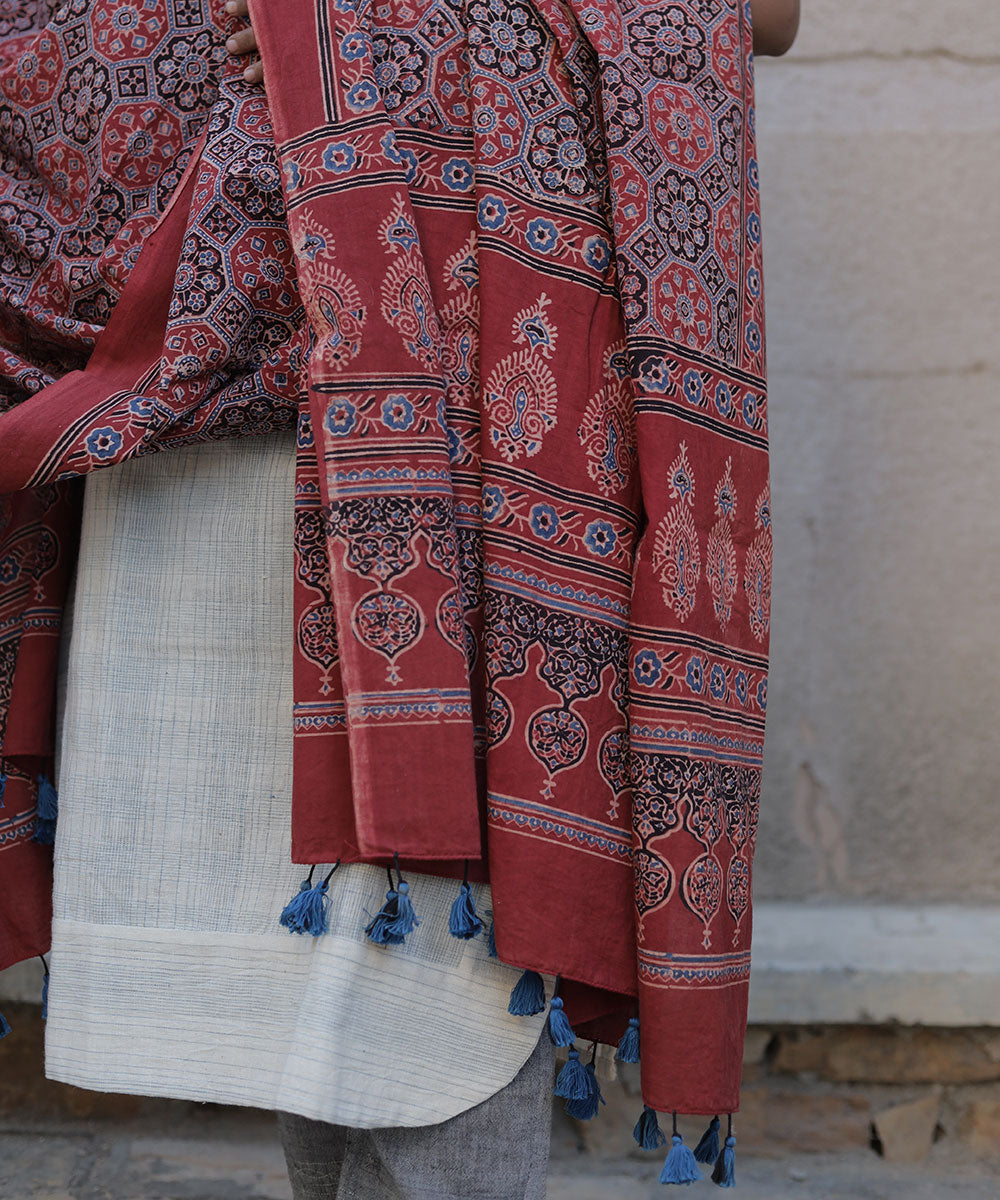 Red hand block print cotton ajrakh dupatta