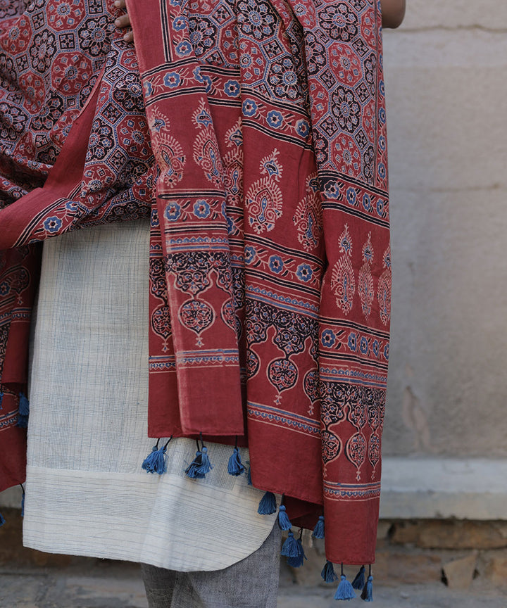 Red hand block print cotton ajrakh dupatta