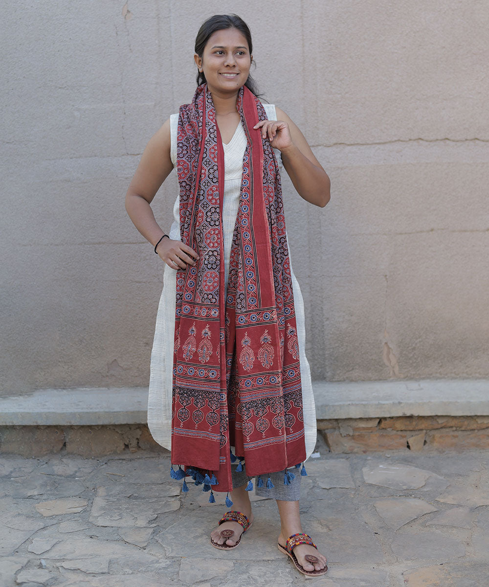 Red hand block print cotton ajrakh dupatta