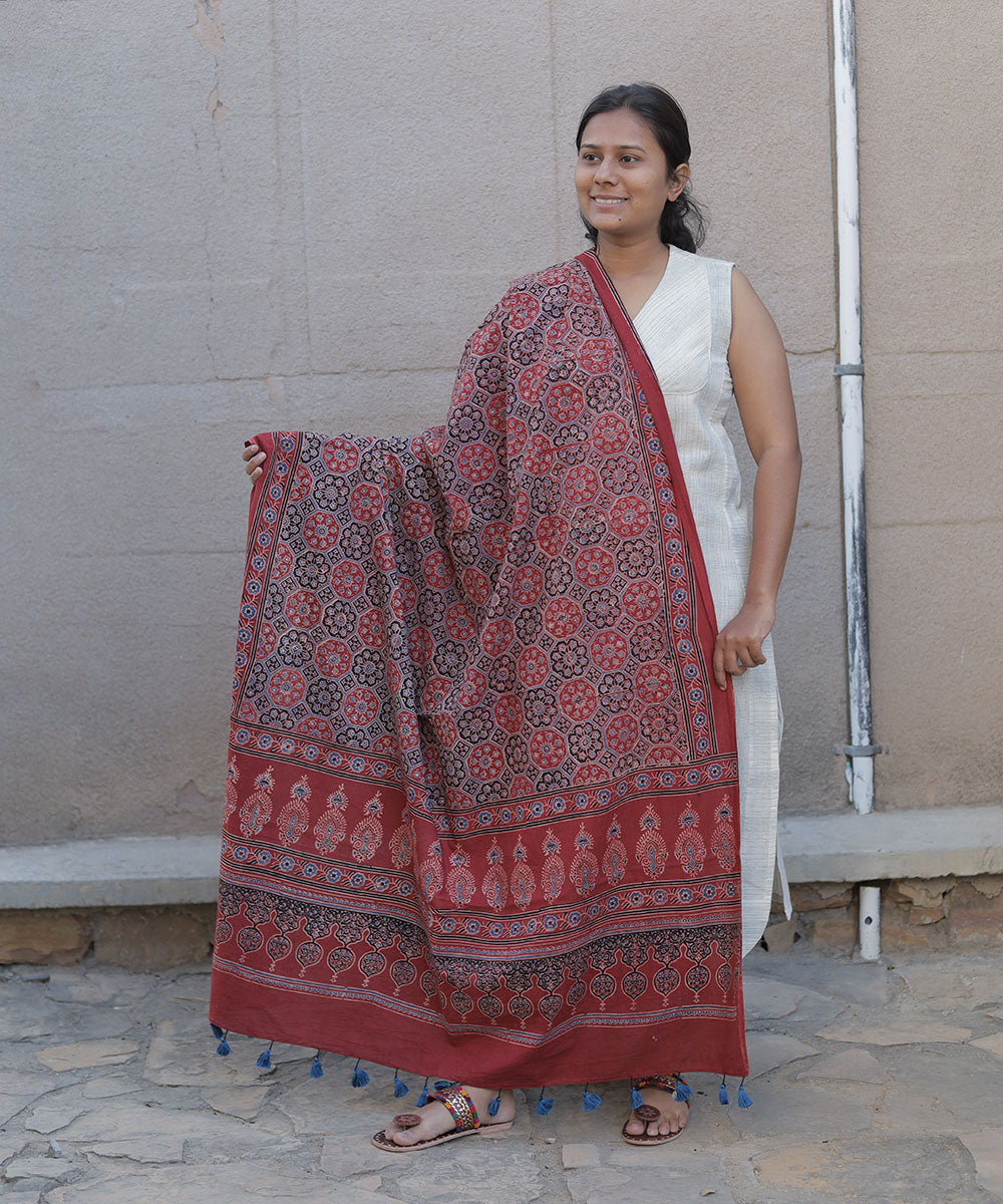 Red hand block print cotton ajrakh dupatta