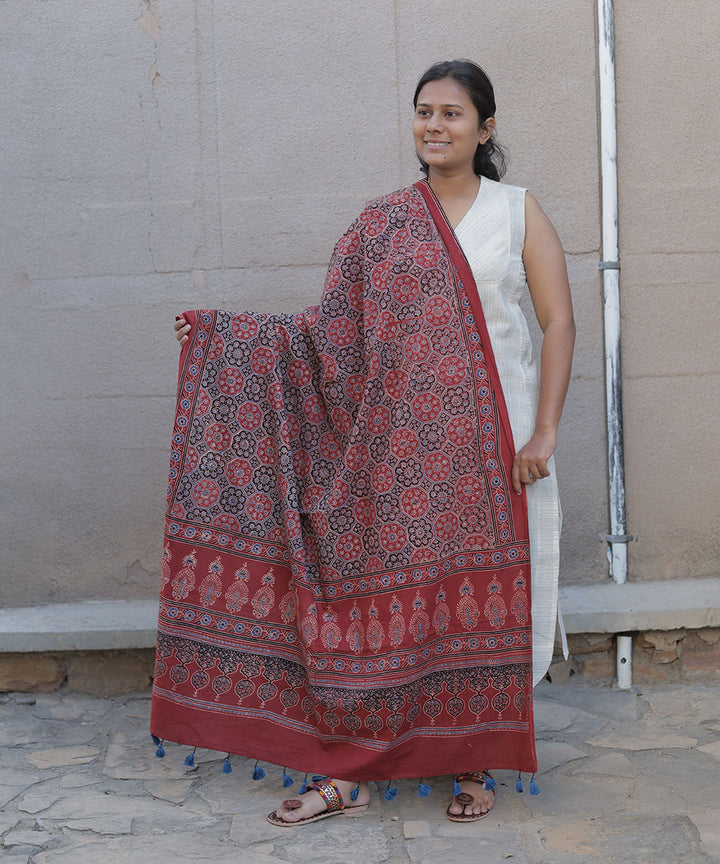 Red hand block print cotton ajrakh dupatta