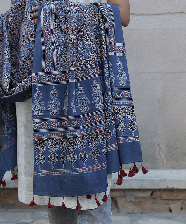 Indigo blue handblock print cotton ajrakh dupatta