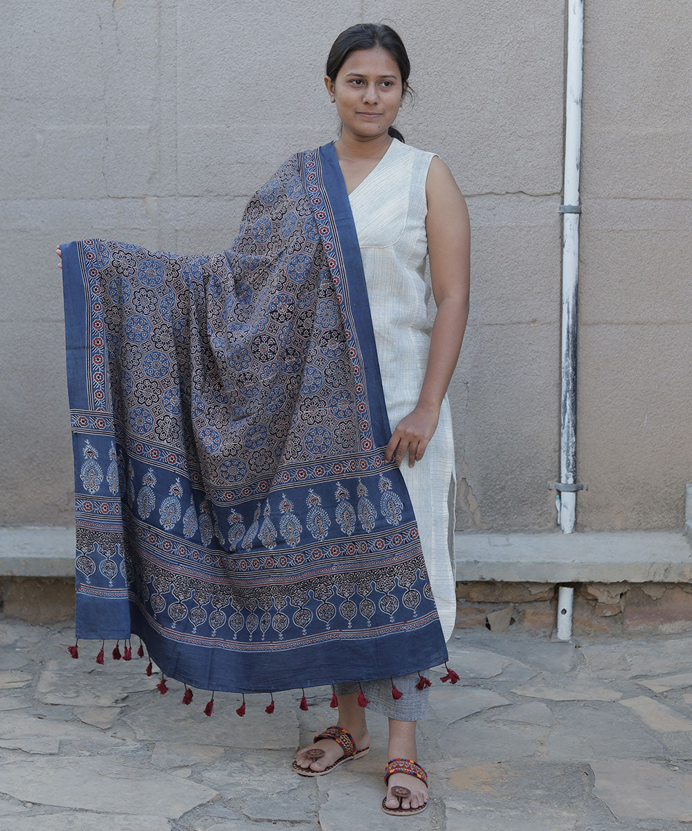 Indigo blue handblock print cotton ajrakh dupatta