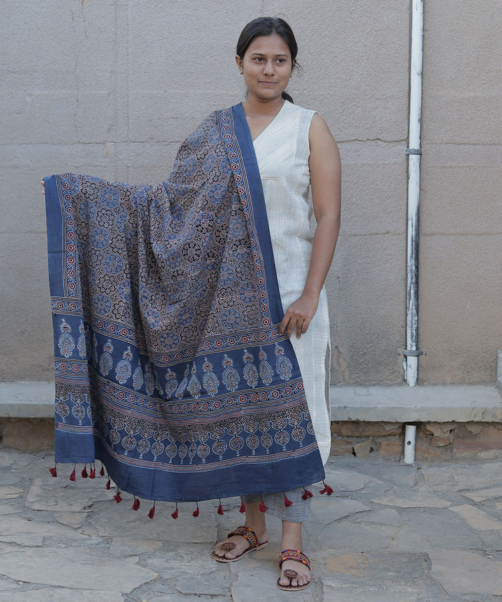 Indigo blue handblock print cotton ajrakh dupatta