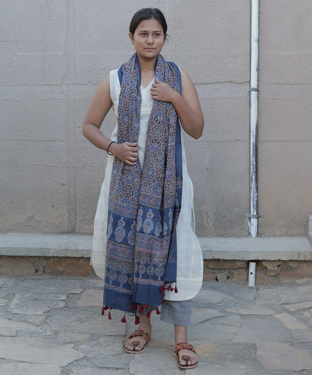 Indigo blue handblock print cotton ajrakh dupatta