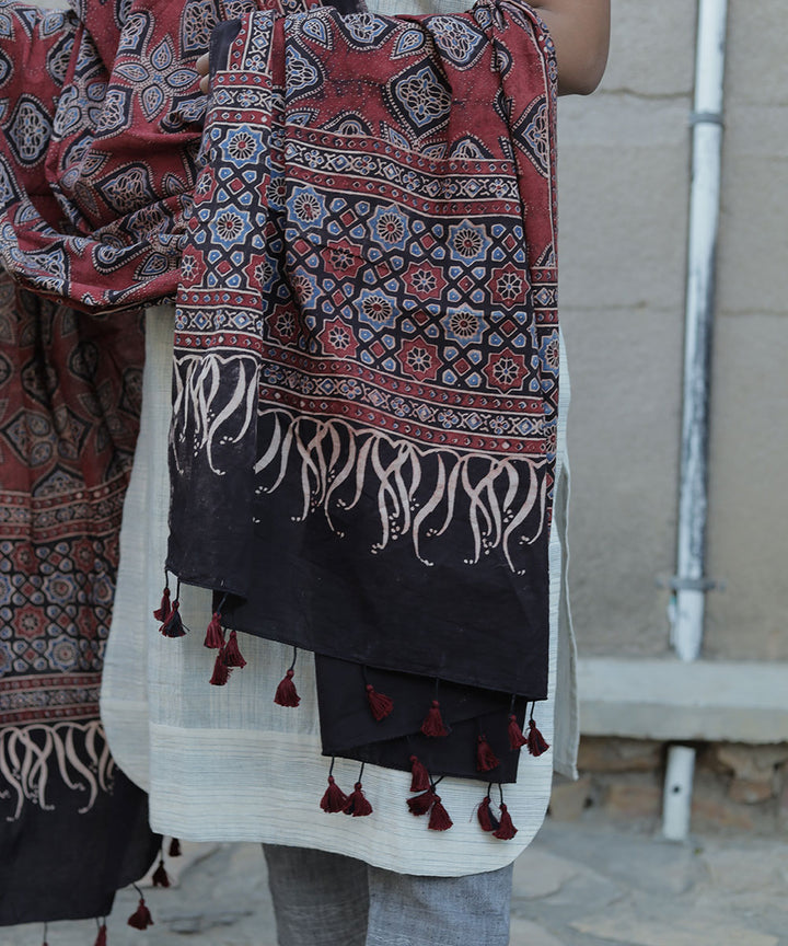 Red black handblock print cotton ajrakh dupatta