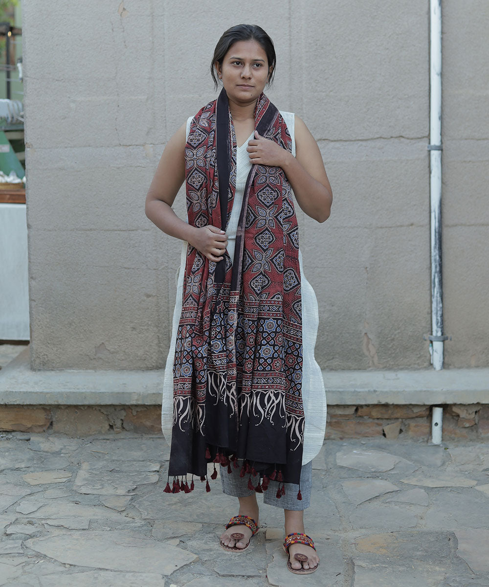 Red black handblock print cotton ajrakh dupatta