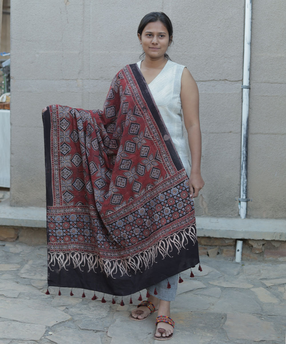 Red black handblock print cotton ajrakh dupatta