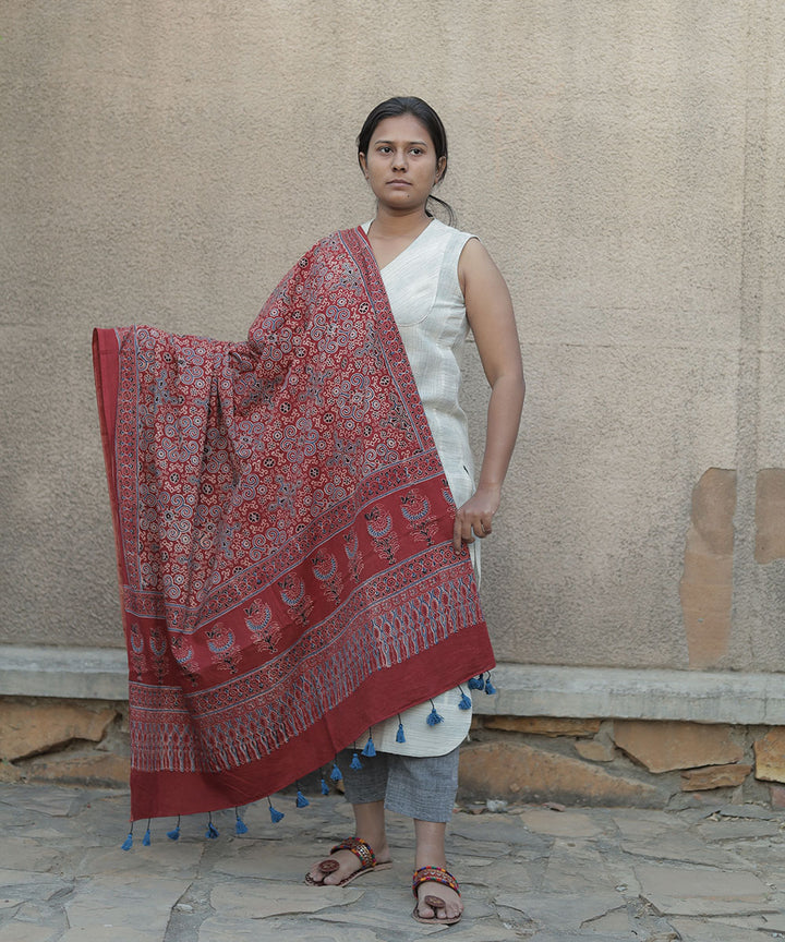 Red handblock print cotton ajrak dupatta