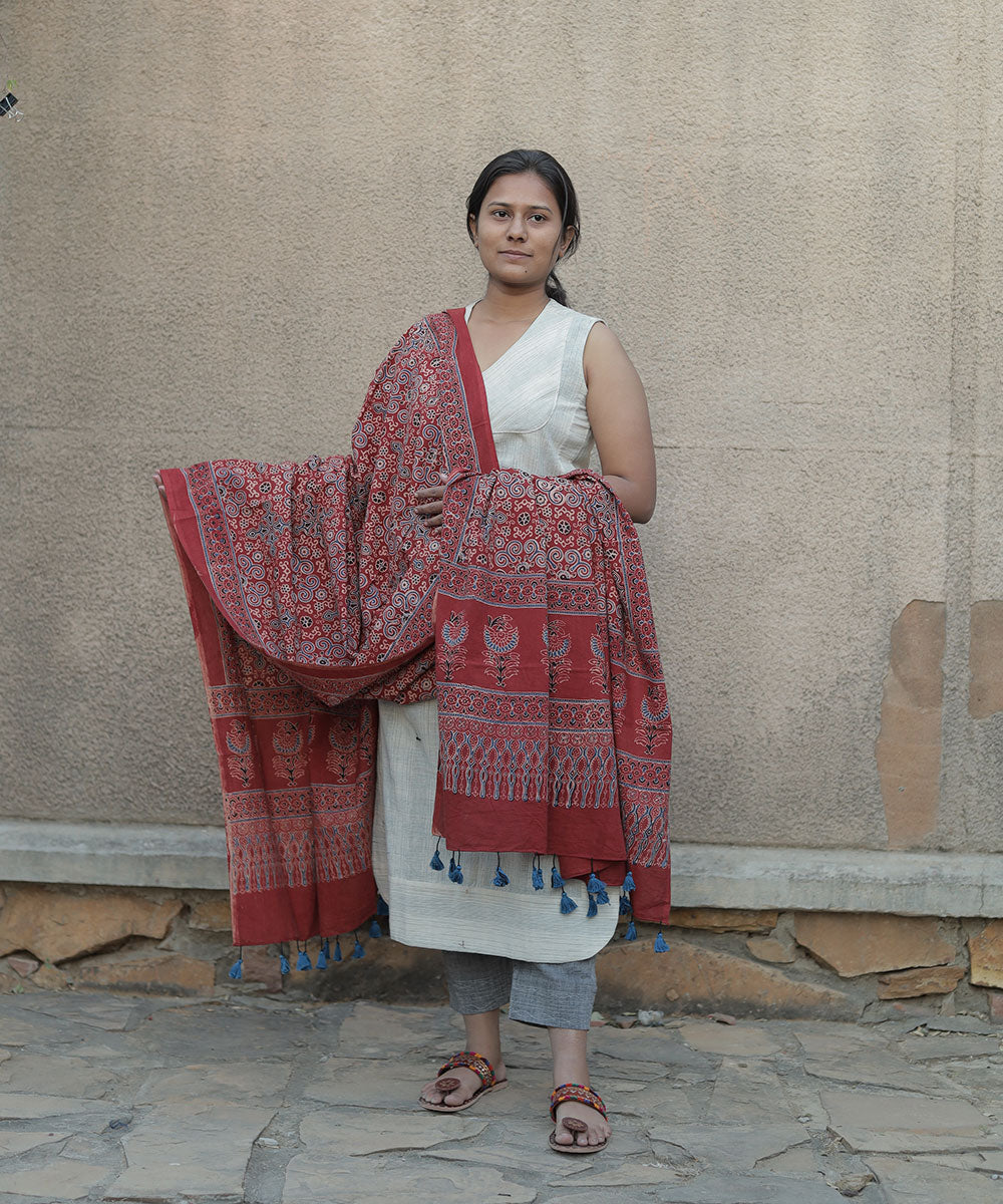 Red handblock print cotton ajrak dupatta