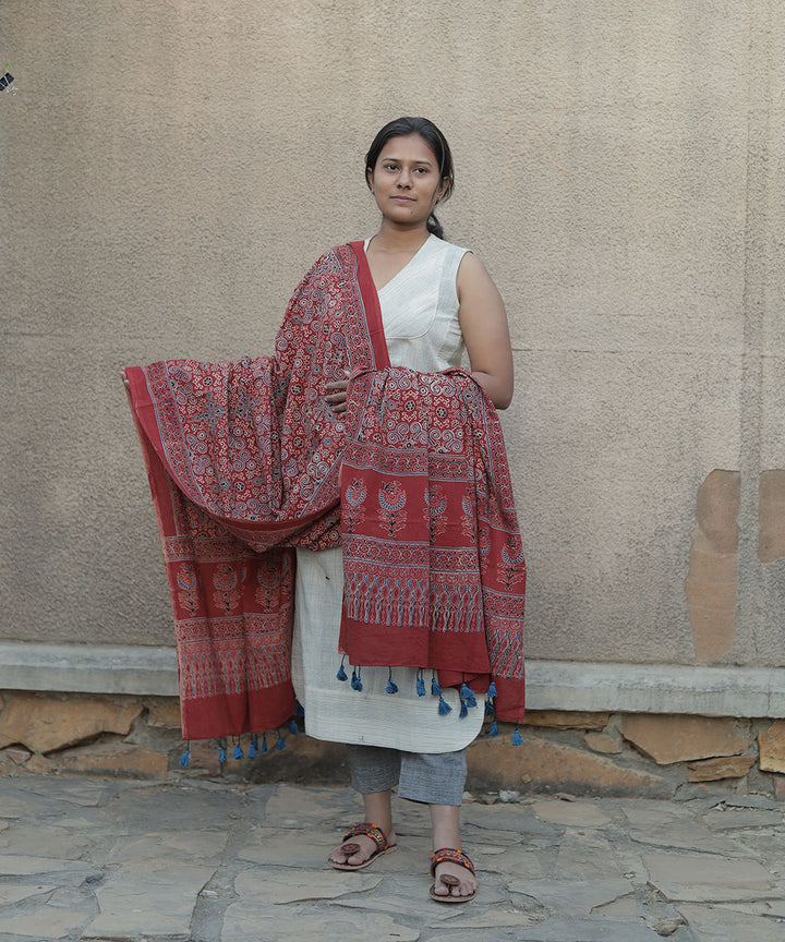 Red handblock print cotton ajrak dupatta