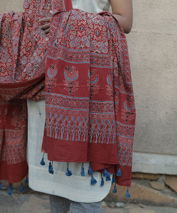 Red handblock print cotton ajrak dupatta