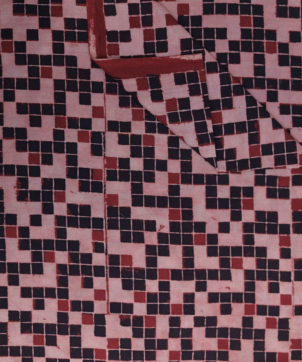 Red and black natural dye block print mosaic pattern cotton fabric