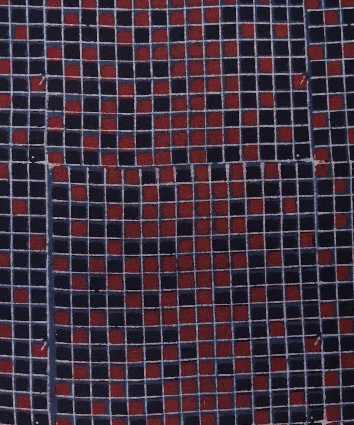 Red black natural dye hand block printed mosaic pattern cotton fabric