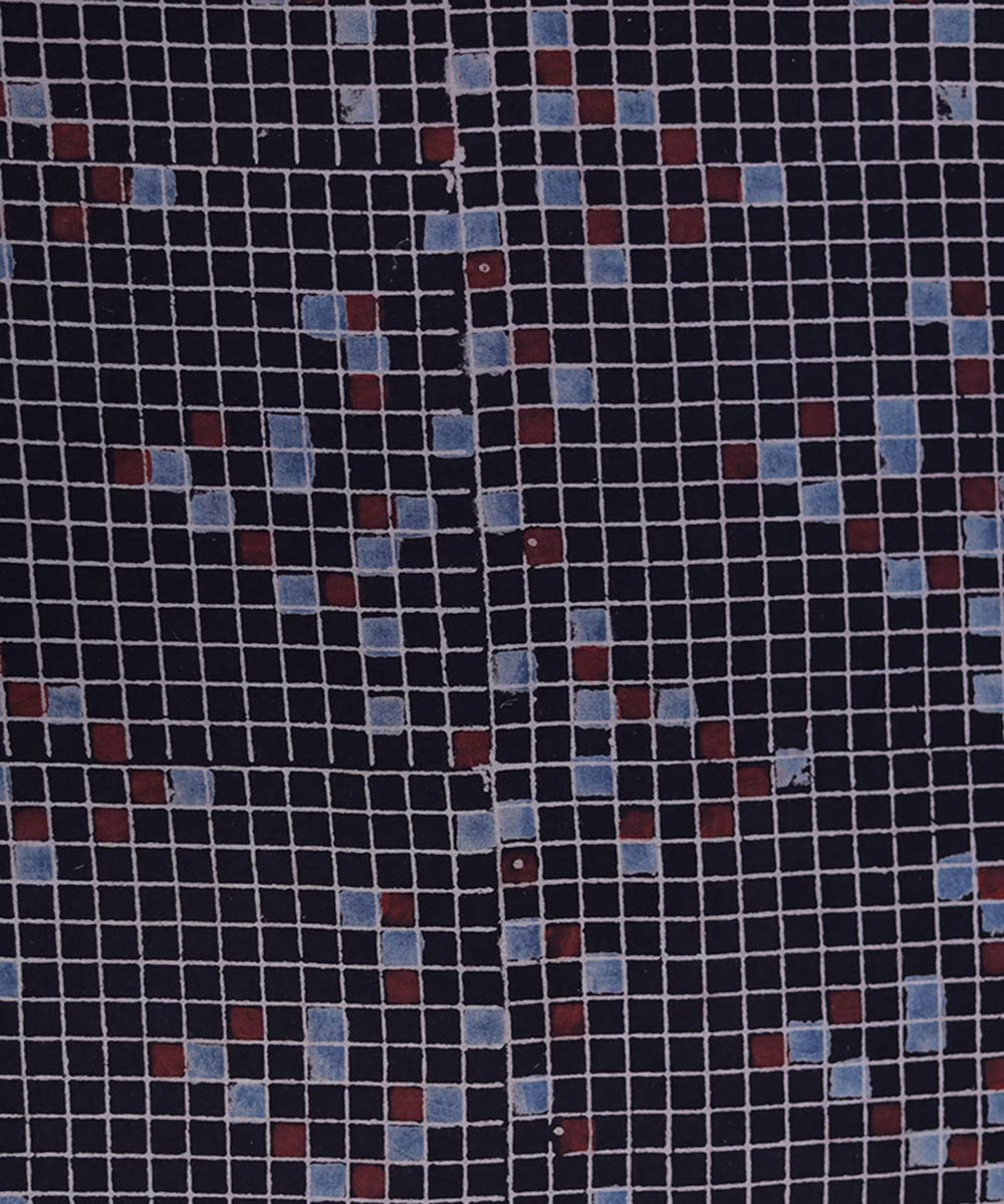 Black white natural dye hand block print mosaic pattern cotton fabric