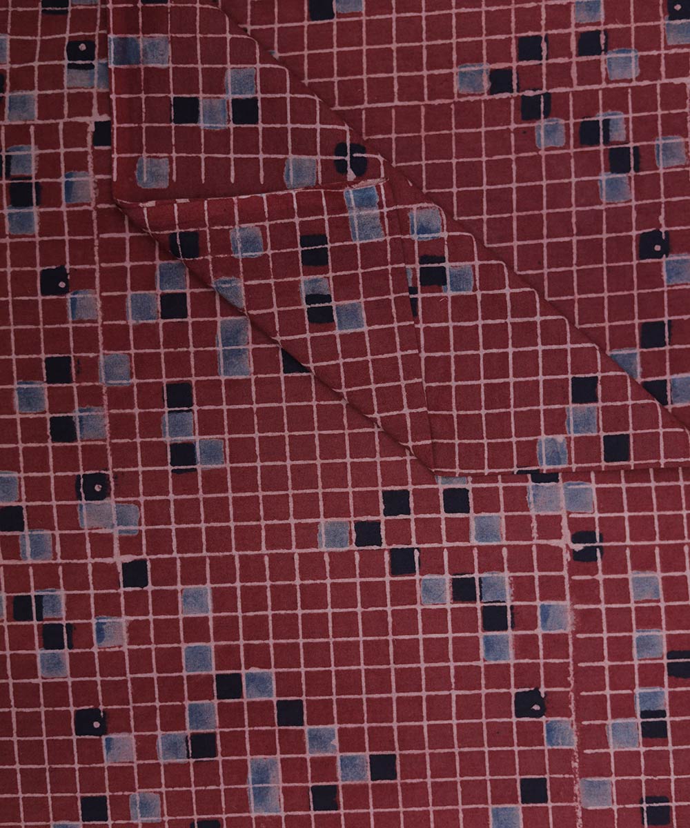 Red black natural dye hand block print mosaic pattern cotton fabric
