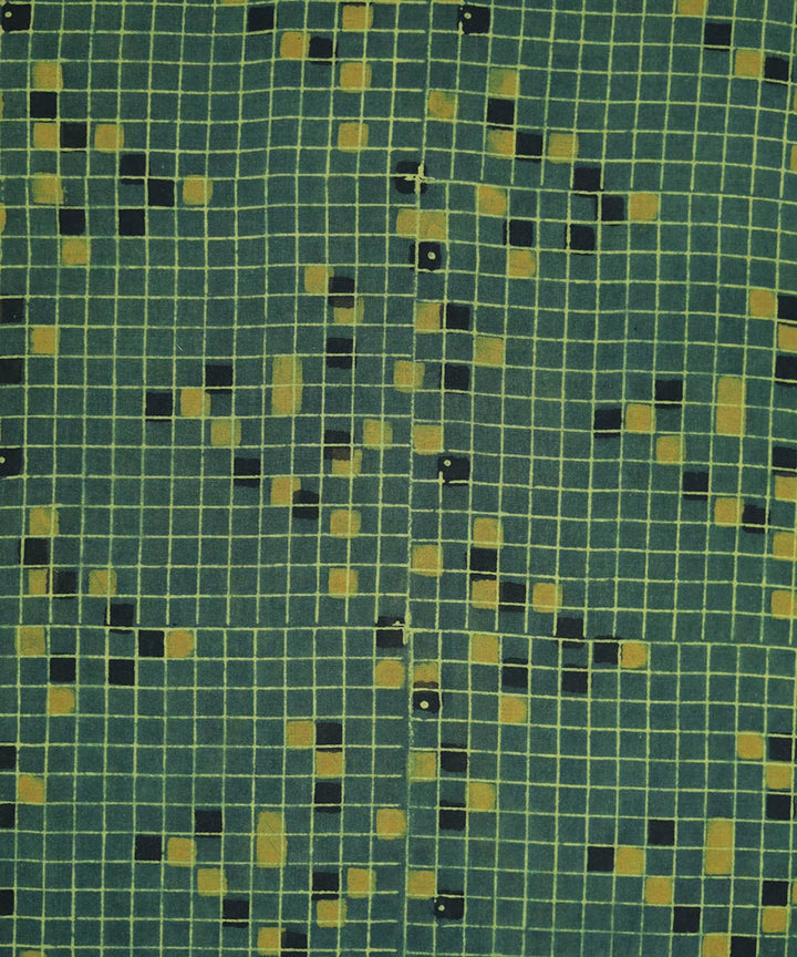 Green yellow natural dye hand block print mosaic pattern cotton fabric